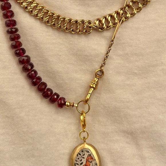 Rhodolite Garnet Hand Strung Gem Necklace With Gold Filled Antique Watch Chain - Picture 16 of 17